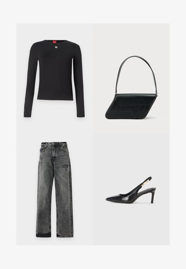 Sort langærmet skjorte lavet af glat stof. Har en rund halsudskæring og et lille sølvlogo på brystet. Minimalistisk design.; Bredde ben sorte denimjeans med en falmet vask, slidte detaljer foran og standard fem-lomme design.; Sort læder slingback højhælede sko med spidse tæer, glat overflade og en smal ankelrem med guldfarvede hardware detaljer.; Sort skuldertaske i læder med trekantet form, præget logo og en enkelt justerbar rem. Minimalistisk design med glat tekstur.