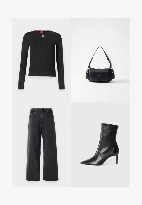 Camisa negra de manga larga hecha de un tejido suave. Presenta un cuello redondo y un pequeño logotipo plateado en el pecho. Diseño minimalista.; Pantalones vaqueros de corte ancho en negro con botón delantero y cremallera, trabillas para cinturón y bolsillos frontales sobre un fondo blanco liso.; Botas negras hasta el tobillo hechas de cuero suave, con punta afilada, caña ajustada y tacón alto delgado. Diseño minimalista sin herrajes visibles.; Bolso de mano de cuero negro con una sola correa para el hombro, cuenta con un bolsillo con solapa en la parte frontal y compartimentos con cremallera a los lados. Textura suave con detalle del logotipo.