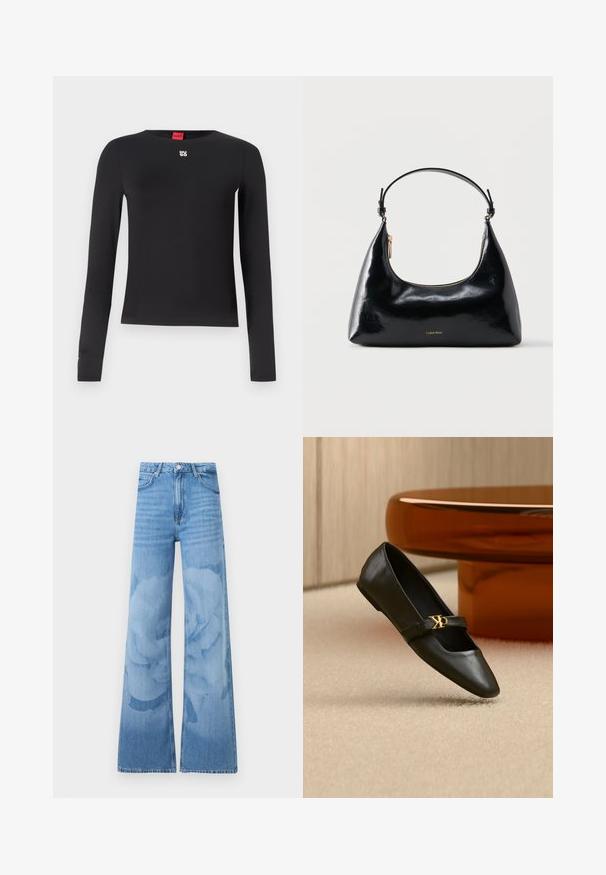 Sort langærmet skjorte lavet af glat stof. Har en rund halsudskæring og et lille sølvlogo på brystet. Minimalistisk design.; Lyseblå jeans med brede ben og høj talje, foran knapper og lommer, med et subtilt blomstret vaskemønster på benene.; Sort læder flad sko med spids tå og gyldent CK-logo på rem, placeret på beige tæppe nær et rundt ravbrunt bord.; Sort blank Calvin Klein håndtaske med gyldent lynlås og kort rem mod en ensfarvet hvid baggrund.