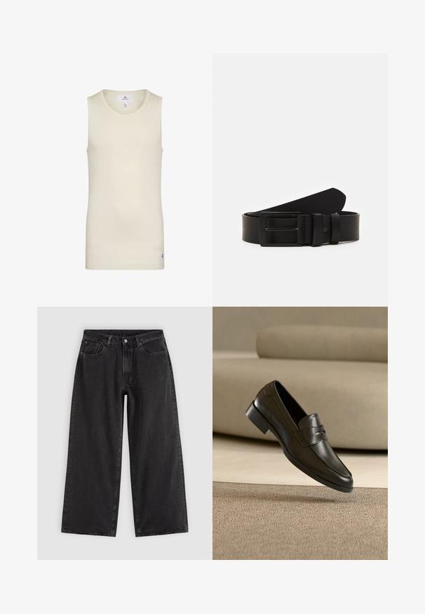 Lys beige sansærmet top lavet af ribbet stof med rund halsudskæring og et lille label ved kanten. Enkel og tætsiddende design.; Sorte denim jeans med vide ben, forlommer, bæltestropper og knaplukning, vist på en ensfarvet lys baggrund.; Sort lædersko med slip-on design, svævende over beige tæppe med beige sofa i baggrunden, der fremhæver klassisk herrestil.; Sort læderbælte rullet med en mat sort rektangulær metalspænde og to bæltesløjfer på en hvid baggrund.