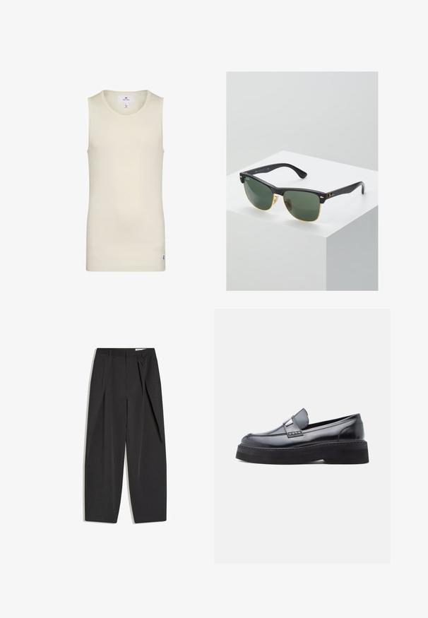 Débardeur beige clair sans manches en tissu côtelé avec un col rond et une petite étiquette à l'ourlet. Design simple et ajusté.; Pantalon noir taille haute, coupé droit, avec pinces et passants de ceinture, présenté à plat sur un fond blanc.; Mocassin en cuir verni noir avec un bout rond, un détail de boucle décorative, et une semelle plateforme noire épaisse, présentant une texture lisse et brillante.; Lunettes de soleil Ray-Ban avec des verres verts, monture en plastique noir et accents dorés sur les bords. Forme carrée avec une finition mate.