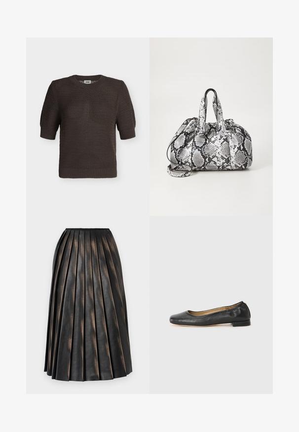 Pull en maille marron foncé à manches courtes avec un col rond et des poignets et un ourlet côtelés, présenté sur fond blanc.; Jupe midi plissée noire avec une finition texturée légèrement brillante et un petit logo près de la ceinture.; Ballerines en cuir noir avec un bout arrondi et des coutures minimales. Talon bas et rectangulaire avec une texture lisse. Détails subtils de doublure intérieure.; Sac à main en motif peau de serpent noir et blanc avec deux poignées, une fermeture à cordon et une bandoulière amovible. Texture lisse.
