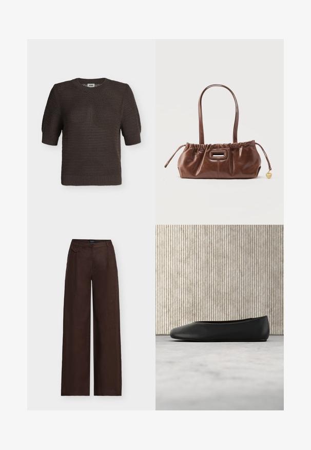 Pull en maille marron foncé à manches courtes avec un col rond et des poignets et un ourlet côtelés, présenté sur fond blanc.; Pantalon large marron foncé à taille haute avec une petite poche décorative à rabat sur le devant droit de la ceinture.; Ballerine en cuir noir avec un bout arrondi, texture lisse et un accent logo doré sur le côté. Placée au-dessus d'une surface réfléchissante.; Sac à main en cuir marron avec haut froncé, doubles anses d'épaule, poignée découpée rectangulaire et petit charm en forme de cœur doré sur le côté.