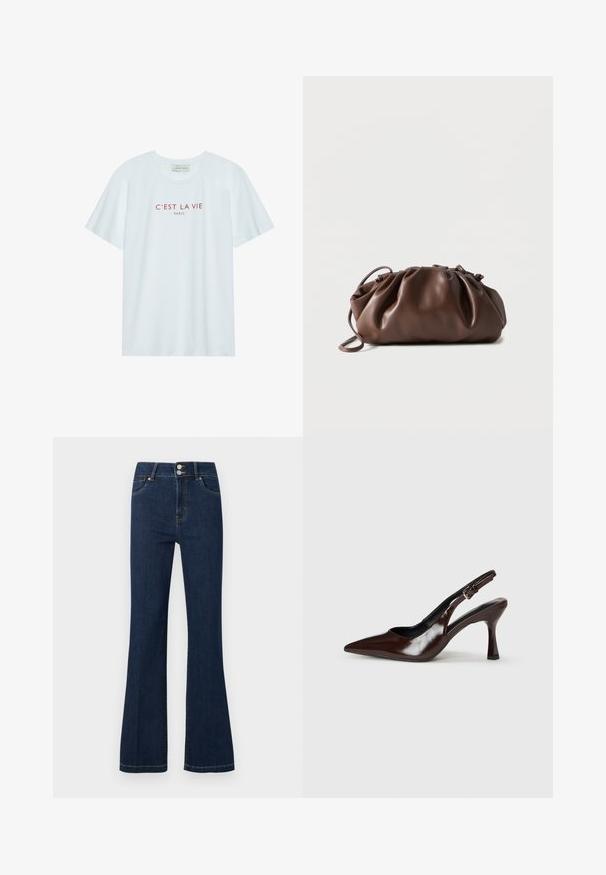 T-shirt en coton blanc avec col rond et manches courtes. Présente un texte imprimé rouge "C'EST LA VIE PARIS" sur la poitrine. Design simple.; Jean en denim bleu foncé avec taille haute, double bouton de fermeture, poches avant et jambes légèrement évasées.; Talons slingback en cuir verni brun avec un bout pointu, un talon fin, et une sangle réglable avec une petite boucle.; Sacoche en cuir marron doux avec un haut froncé et une fine bandoulière, posée sur un fond blanc.