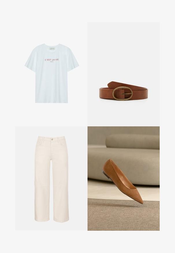 T-shirt en coton blanc avec col rond et manches courtes. Présente un texte imprimé rouge "C'EST LA VIE PARIS" sur la poitrine. Design simple.; Pantalon court taille haute à jambes larges en écru avec bouton et fermeture éclair devant, passants pour ceinture, poches avant et arrière.; Chaussure plate marron à bout pointu flottant au-dessus d'un tapis beige texturé avec un canapé courbe beige clair en arrière-plan.; Ceinture en cuir marron avec une boucle en bronze en forme d'oval. La ceinture présente une texture lisse et un détail de couture unique près de la boucle pour le design.