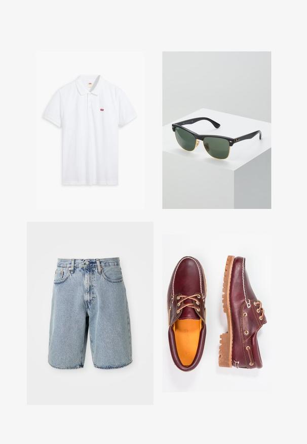 Polo blanco hecho de algodón. Presenta una tapeta de tres botones, mangas cortas y un pequeño logo rojo de Levi's en el lado izquierdo del pecho.; Pantalones cortos de mezclilla celeste con cintura alta, corte recto, dobladillo deshilachado, cinco bolsillos y cierre de botón. Textura desgastada visible.; Zapatos de cuero burdeos con suelas de goma marrón, puntera redonda, costuras blancas y ojales dorados. El interior cuenta con un forro amarillo.; Gafas de sol Ray-Ban con lentes verdes, montura de plástico negro y acentos dorados en los bordes. Forma cuadrada con acabado mate.