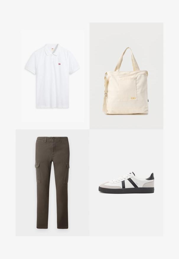 Valge puuvillane polo särk. Omab kolme nupuga rindel sulgemist, lühikesi varrukaid ja väikest punast Levi's logo vasakul rinnal.; Jack & Jones Cargo Tapered Fit - Kargopüksid - beluga; Valged tossud mustade ja hallide aktsentidega, tekstureeritud halli varbakattega, musta kummitald ja lamedad valged paelad. Puhtad jooned, minimalistlik stiil.; Kreemjas lõuendist käekott esiosa taskuga, kahe käepidemega, reguleeritava õlarihmaga ja väikese kollase "O.N.S" tekstiga tasku all paremal.