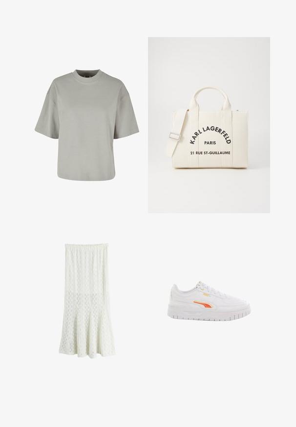 Grijze T-shirt met korte mouwen en ronde hals, gemaakt van zacht katoen, met een ontspannen pasvorm en minimale stikdetails.; Witte kanten midi rok met elastische tailleband en uitlopende zoom, met een bloemen- en geometrisch patroon over de hele stof.; Witte Puma sneaker met dikke zool, oranje en gele zijstreep en witte veters, zijaanzicht op een witte achtergrond.; Witte canvas handtas met twee bovenhandvatten en een verstelbare schouderband. Zwart afgedrukte tekst leest "KARL LAGERFELD PARIS 21 RUE ST-GUILLAUME."