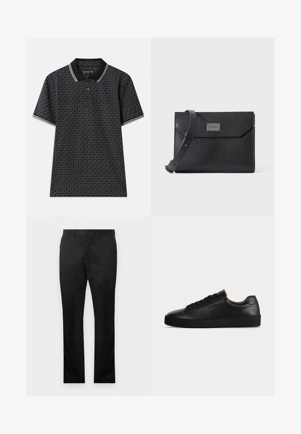 Schwarzes Polohemd mit einem wiederholten "MK"-Muster, kurzen Ärmeln, drei Knöpfen am Kragen und kontrastierendem gestreiftem Besatz am Kragen.; Schwarze Baumwollhosen mit geradem Bein, ausgestattet mit einem vorderen Knopfverschluss und seitlichen Taschen, glatte Textur, keine sichtbaren Muster.; Schwarzer flacher Ledersneaker mit schwarzen Schnürsenkeln, strukturierter Gummisohle und kleinem eingeprägtem Logo an der Seite, im Profil vor grauem Hintergrund gezeigt.; Schwarze, strukturierte Leder-Umhängetasche mit verstellbarem Riemen und Metall-Logoplatte vorne, rechteckige Umschlagklappe.