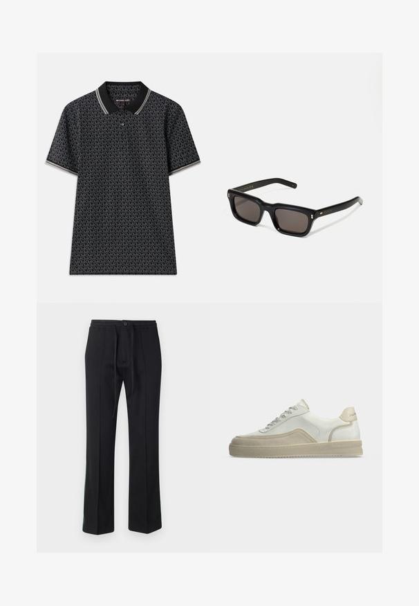 Zwarte poloshirt met een herhaald "MK"-patroon, korte mouwen, drie knopen bij de kraag en contrasterende gestreepte afwerking op de kraag.; Zwarte joggingbroek met een koord in de taille, vlakke voorkant en rechte pijpen. Kenmerkt zich door groene accenten langs de zijnaad. Zachte stoftextuur.; Witte lage sneaker met beige suède details, veters aan de voorkant en een gebrandmerkte hielstrook op een eenvoudige lichte achtergrond.; Zwarte rechthoekige zonnebril met donkere lenzen, een dik plastic montuur, gouden accenten op de veren en het merkembleem gegraveerd op de arm.