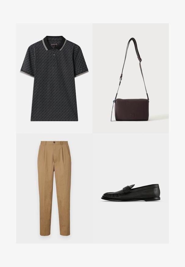 Sort polo T-shirt med et gentaget "MK" mønster, korte ærmer, tre knapper ved kraven og kontrasterende stribet kant ved kraven.; Tan pleated bukser med lige snit, lavet af et glat stof. Har knaplukning foran og sidelommer.; Sort læderloafer med lav hæl og remdetalje over oversiden, vist i sideprofil på en lys baggrund.; Mørkebrun textured læder crossbody taske med justerbar rem og lille dekorativ blå accent på siden.