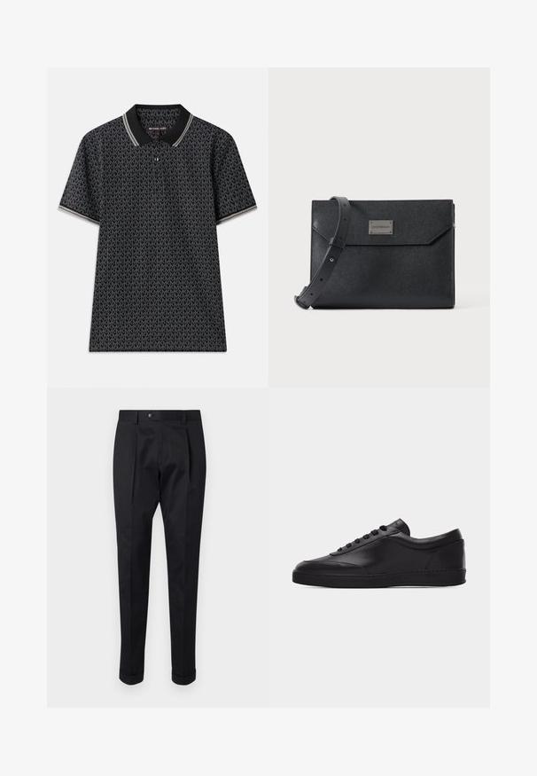 Sort polo T-shirt med et gentaget "MK" mønster, korte ærmer, tre knapper ved kraven og kontrasterende stribet kant ved kraven.; Sorte bukser lavet af et glat stof, der har en fold foran, en knaplukning og opsmøg ved anklerne.; Sort lavtstående lædersneaker med snørebånd foran og flad gummisål, vist fra siden på en ensartet hvid baggrund.; Sort struktureret læder crossbody taske med justerbar rem og metal logo plade foran, rektangulært konvolutlåg.