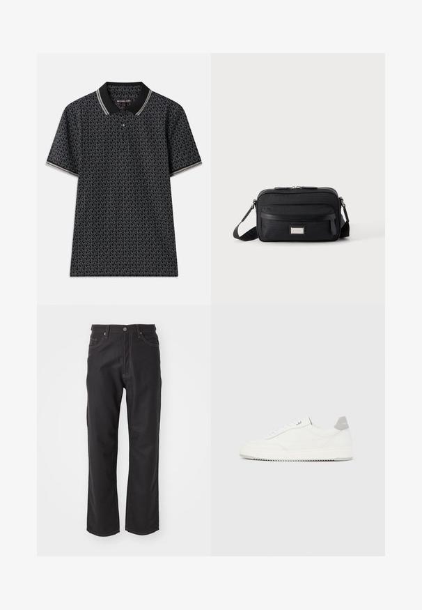 Zwarte poloshirt met een herhaald "MK"-patroon, korte mouwen, drie knopen bij de kraag en contrasterende gestreepte afwerking op de kraag.; Zwarte spijkerbroek van denim met een rechte pasvorm, voorzien van contrasterende oranje stiksels, een vijf-pocket ontwerp en een klassieke knoopsluiting.; Witte lage sneaker met grijze hielpatch, witte veters en een gestructureerde zool, gepresenteerd op een effen lichte achtergrond.; Zwarte rechthoekige crossbodytas met voorvak met ritssluiting, verstelbare schouderband en zilveren rechthoekige logo-plaat op effen achtergrond.