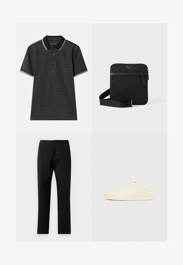 Sort polo T-shirt med et gentaget "MK" mønster, korte ærmer, tre knapper ved kraven og kontrasterende stribet kant ved kraven.; Sorte lige bukser med knap- og lynlåslukning, bæltestropper og forlommer, præsenteret på hvid baggrund.; Sneaker i cremefarve med en glat læderoverdel, rundet tå, snørelukning foran og en tekstureret gummisål. Minimalistisk design uden logoer.; Sort firkantet skuldertaske med lynlås, frontlomme og justerbar rem med præget brandnavn.