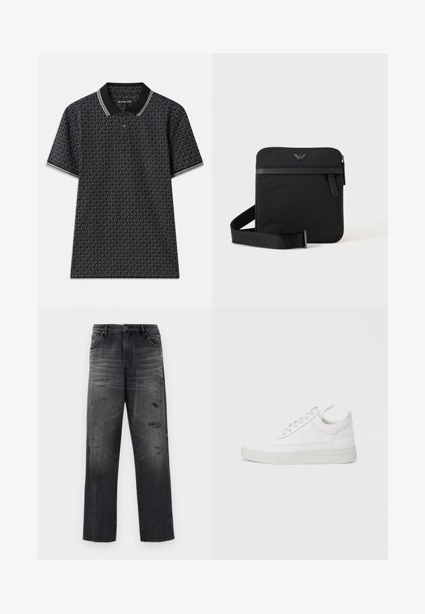 Schwarzes Polohemd mit einem wiederholten "MK"-Muster, kurzen Ärmeln, drei Knöpfen am Kragen und kontrastierendem gestreiftem Besatz am Kragen.; Schwarze Denim-Jeans mit lässiger Passform, die ein verblasstes Design und abgenutzte Stellen aufweisen. Standard-Fünf-Taschen-Stil und mit Knopfverschluss.; Weißer Ledersneaker mit abgerundetem Zehenbereich, flacher Sohle und Schnürverschluss. Verfügt über Nahtdetails und einen gepolsterten Kragen für zusätzlichen Komfort.; Schwarze quadratische Schultertasche mit Reißverschluss, Vordertasche und verstellbarem Riemen mit eingeprägtem Markennamen.
