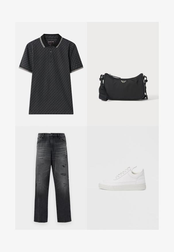 Schwarzes Polohemd mit einem wiederholten "MK"-Muster, kurzen Ärmeln, drei Knöpfen am Kragen und kontrastierendem gestreiftem Besatz am Kragen.; Schwarze Denim-Jeans mit lässiger Passform, die ein verblasstes Design und abgenutzte Stellen aufweisen. Standard-Fünf-Taschen-Stil und mit Knopfverschluss.; Weißer Ledersneaker mit abgerundetem Zehenbereich, flacher Sohle und Schnürverschluss. Verfügt über Nahtdetails und einen gepolsterten Kragen für zusätzlichen Komfort.; Schwarze rechteckige Crossbody-Tasche mit silbernem Markenlogo-Emblem und verstellbarem Riemen auf hellem Hintergrund.