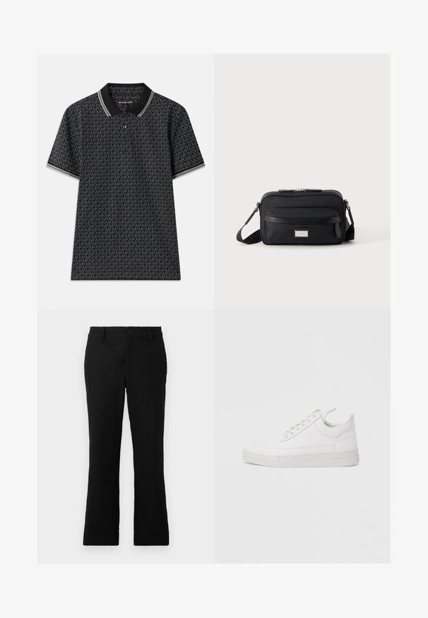 Sort polo T-shirt med et gentaget "MK" mønster, korte ærmer, tre knapper ved kraven og kontrasterende stribet kant ved kraven.; Sorte flagrende bukser lavet af en blanding af bomuldsstof, med knaplukning, bælteløkker og en glat tekstur uden synlige mønstre.; Hvid lædersneaker med rundet tå, flad sål og snørebånd foran. Har syningsdetaljer og polstret krave for komfort.; Sort rektangulær crossbody-taske med front lynlåslomme, justerbar rem og sølv rektangulært logo mærke på ensfarvet baggrund.