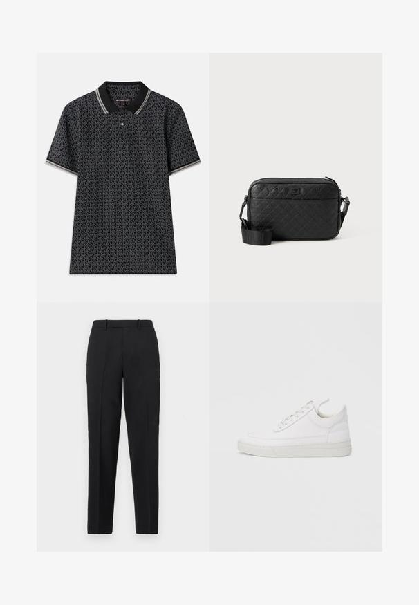 Sort polo T-shirt med et gentaget "MK" mønster, korte ærmer, tre knapper ved kraven og kontrasterende stribet kant ved kraven.; Theory STRAIGHT - Bukser - deep black; Hvid lædersneaker med rundet tå, flad sål og snørebånd foran. Har syningsdetaljer og polstret krave for komfort.; Sort tekstureret crossover-taske med prægede geometriske mønstre og justerbar rem med brandlogo.
