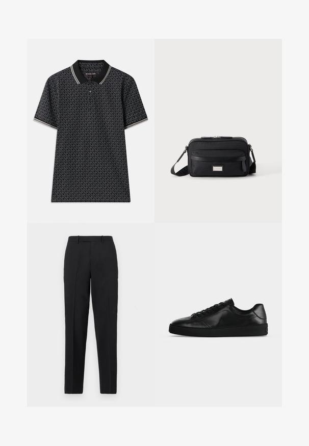 Sort polo T-shirt med et gentaget "MK" mønster, korte ærmer, tre knapper ved kraven og kontrasterende stribet kant ved kraven.; Theory STRAIGHT - Bukser - deep black; Svært lavprofileret sort lædersneaker med snørebånd foran og tekstureret flad sål, vist fra siden på en neutral baggrund.; Sort rektangulær crossbody-taske med front lynlåslomme, justerbar rem og sølv rektangulært logo mærke på ensfarvet baggrund.