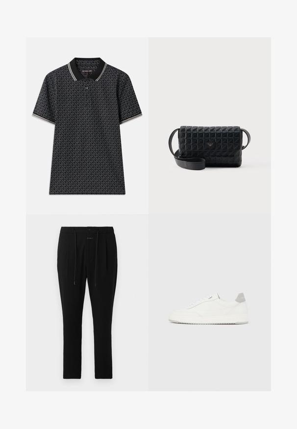 Schwarzes Polohemd mit einem wiederholten "MK"-Muster, kurzen Ärmeln, drei Knöpfen am Kragen und kontrastierendem gestreiftem Besatz am Kragen.; CLOSED VIGO TAPERED - Chino - dark night; Weißer Sneaker mit niedrigem Schaft, grauem Fersenlaschen, weißen Schnürsenkeln und einer strukturierten Sohle, dargestellt vor einem schlichten hellen Hintergrund.; Schwarze, strukturierte Umhängetasche mit Klappverschluss und kleinem Metalllogo auf der Vorderseite, vor einem schlichten Hintergrund präsentiert.