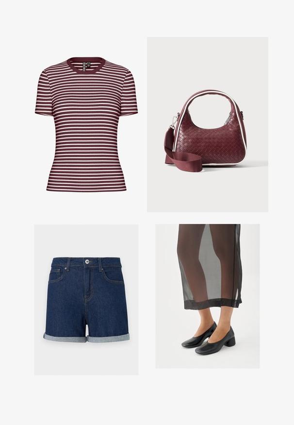 Kortærmet stribet t-shirt i bordeaux og hvid, med ribbet tekstur og rund halsudskæring.; Mørkeblå denimshorts med opsmøgede kanter, knap- og lynlås foran samt forlommer på en ensfarvet baggrund.; Sorte sko med blokhæle og glat læderfinish, båret med et gennemsigtigt sort skørt med en ren kant og minimalistisk design.; Mørkerød vævet lædertaske med buet hank, hvid kant, sølv lynlås og aftagelig bred stofskulderrem mod en ensfarvet baggrund.