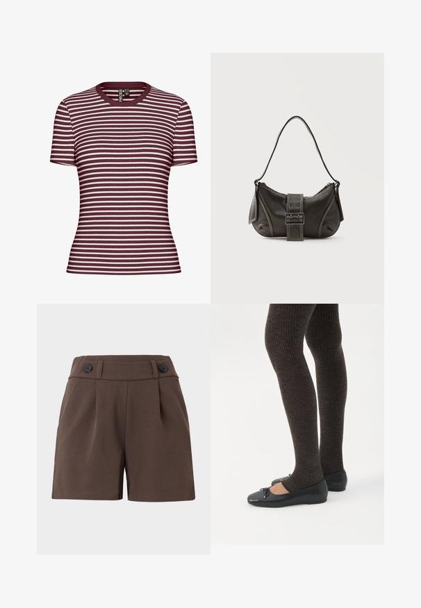 Kortærmet stribet t-shirt i bordeaux og hvid, med ribbet tekstur og rund halsudskæring.; Brune shorts lavet af en struktureret stof med høj talje, plisseringer og to sorte knapper foran. Skræddersyet design med sidelommer.; Ben iført mørke ribbede leggings kombineret med sorte balletsko med små sløjfedetaljer på hvid baggrund.; Sort læder skuldertaske med spænde på remmen, afrundede kanter og kontrasterende hvide syninger på en ensfarvet baggrund.