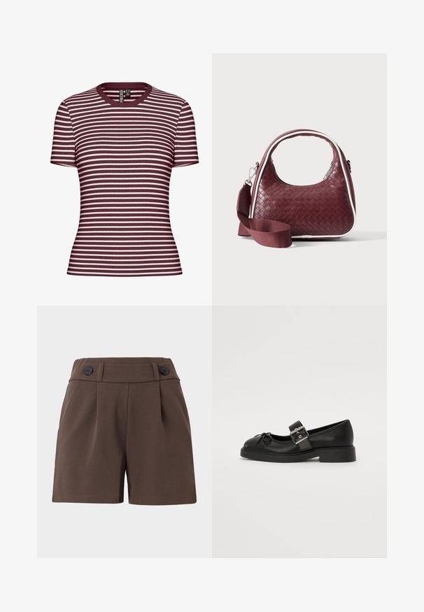Kortærmet stribet t-shirt i bordeaux og hvid, med ribbet tekstur og rund halsudskæring.; Brune shorts lavet af en struktureret stof med høj talje, plisseringer og to sorte knapper foran. Skræddersyet design med sidelommer.; Sort læder Mary Jane-sko med rund tå, ankelrem og sølv spænde detalje. Har en flad, chunky sål og en sløjfe akcent.; Mørkerød vævet lædertaske med buet hank, hvid kant, sølv lynlås og aftagelig bred stofskulderrem mod en ensfarvet baggrund.