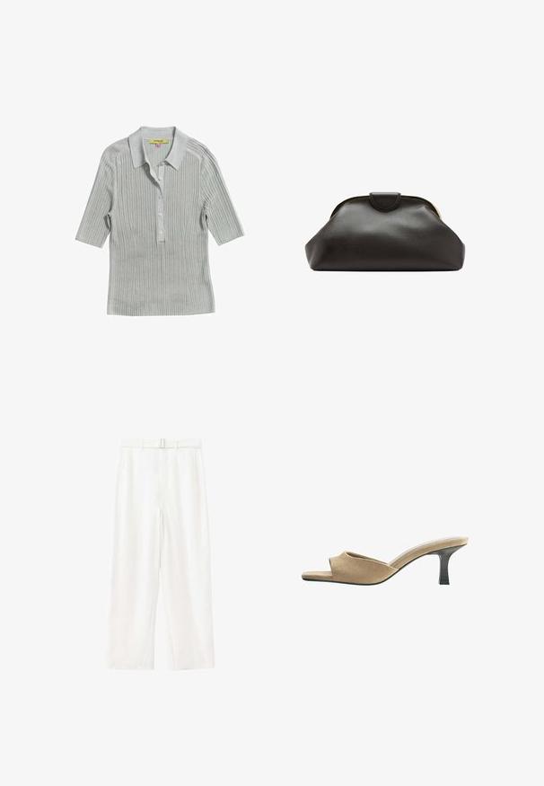 Polo à manches courtes côtelé gris clair avec col et quatre boutons sur la patte de boutonnage devant.; Pantalon blanc taille haute à jambes larges avec ceinture en tissu assortie et poches latérales, présenté sur un fond blanc uni.; Mule en daim beige à bout ouvert avec un petit talon kitten noir et un dos ouvert, vue de profil sur fond blanc.; Pochette en cuir noir souple avec un cadre arrondi et une petite fermeture à languette en haut au centre.