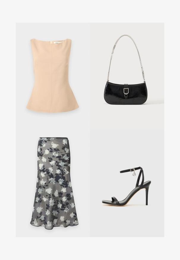 Haut sans manches beige pour femme avec encolure bateau, taille cintrée et ourlet légèrement évasé sur un fond gris clair.; Jupe midi grise avec imprimé floral en noir, blanc et gris et légère évasement à l'ourlet.; Sandale à talon haut noire avec une bride étroite à la cheville, bout carré, cuir lisse et accent de boucle métallique.; Sac à épaule en cuir verni noir avec détail de boucle argentée et bandoulière en chaîne argentée, présenté sur un fond uni clair.