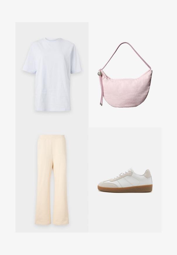 Camiseta blanca de algodón con mangas cortas, escote redondo y un pequeño logo situado cerca del cuello. Tejido suave, corte holgado.; Pantalones de chándal de pierna ancha color beige, fabricados en suave algodón, con una cinturilla elástica y un sutil logo bordado en la parte delantera izquierda.; Deportivas de cuero blanco con acentos de ante beige, lengua texturizada y suela de goma. Presenta cordones blancos y detalles sutiles de costura.; Bolso de hombro de color rosa suave con forma de media luna, correa ajustable de cordón, tope metálico y sutil logo en relieve "cK" en el centro frontal.