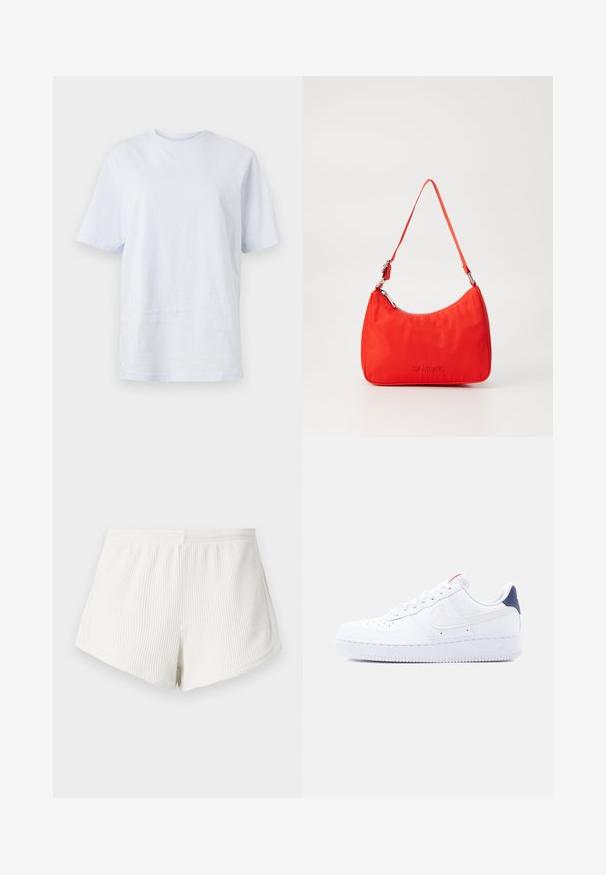 Camiseta blanca de algodón con mangas cortas, escote redondo y un pequeño logo situado cerca del cuello. Tejido suave, corte holgado.; Pantalones cortos de tela blanca acanalada con una cinturilla elástica, que presentan un corte holgado y un dobladillo curvado. Detalle de costura trasera visible.; Zapatilla blanca de caña baja con perforaciones en la puntera, cordones blancos, un logo swoosh blanco y una lengüeta en el talón de color azul oscuro.; Bolso de mano de nylon rojo con una silueta curva, una sola correa, herrajes plateados y detalle de logo en relieve en la parte frontal. Textura suave.