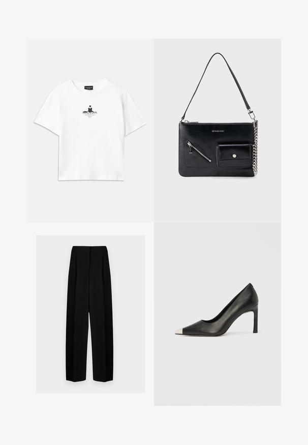 T-shirt en coton blanc avec une coupe ample, présentant une impression graphique noire au centre incluant du texte et un design en silhouette.; Pantalons noirs à jambes larges avec une taille haute, présentant des plis et une texture lisse. Le tissu semble léger et tombe élégamment.; Chaussure à talon haut en cuir noir avec bout pointu et capuchon argenté métallique. Présente une finition lisse et un talon fin de 10 cm.; Sac à bandoulière en cuir noir Michael Kors avec fermeture éclair supérieure, poche avant zippée en diagonale, poche à rabat avec bouton-pression et détail en chaîne argentée.