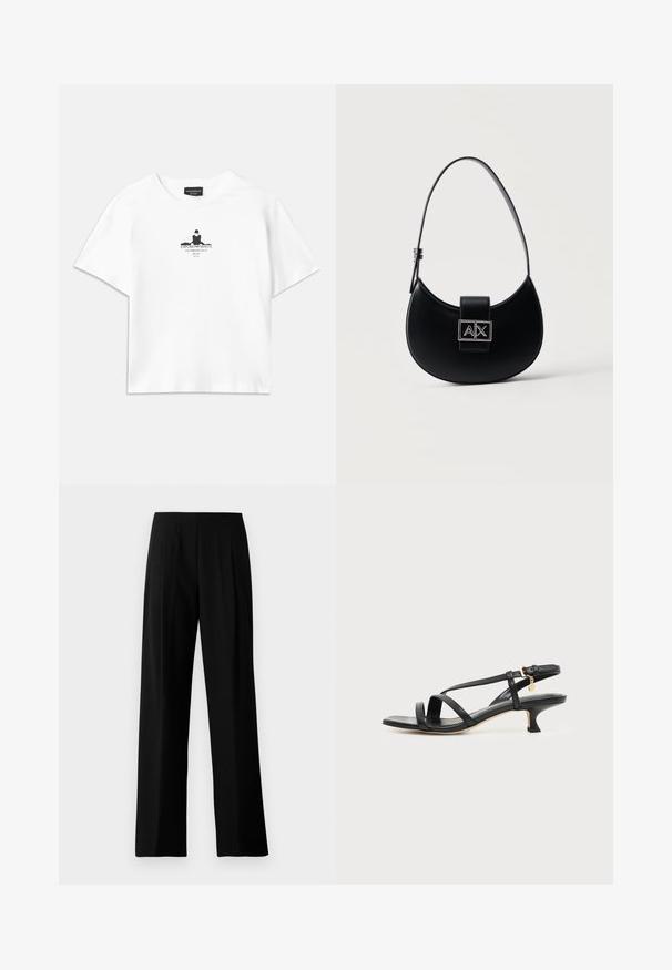Weißes Baumwoll-T-Shirt mit lockerer Passform, das in der Mitte einen schwarzen Grafikdruck zeigt, der Text und ein Silhouetten-Design umfasst.; Schwarze weit geschnittene Hosen aus glattem Stoff, mit einem flachen Bund und vorderen Falten für einen maßgeschneiderten Look. Keine sichtbaren Beschläge oder Muster.; Schwarze Ledersandale mit niedrigem Kittenabsatz, Knöchelschnalle und kleinem goldfarbenem Anhänger vor einfachem hellem Hintergrund.; Schwarze, halbmondförmige Handtasche mit einem verstellbaren Trageriemen und einem silbernen A|X-Logoschloss auf der Vorderklappe.