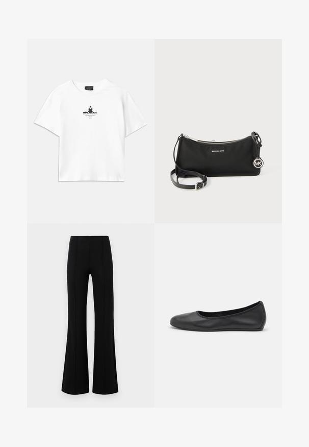 T-shirt en coton blanc avec une coupe ample, présentant une impression graphique noire au centre incluant du texte et un design en silhouette.; Pantalons évasés noirs avec une taille haute, fabriqués en tissu extensible. Présente des détails de couture verticaux sur le devant et une texture lisse.; Ballerines en cuir noir avec un bout rond, texture lisse, détails de couture minimalistes et design de semelle flexible.; Sac bandoulière noir Michael Kors avec fermeture éclair argentée, sangle réglable et pendentif rond avec le logo MK sur fond blanc.