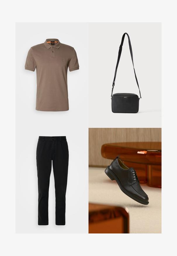 Polo marrón hecho de algodón suave con un cuello clásico y mangas cortas. Presenta un pequeño parche de logo en el pecho.; Pantalones negros de algodón, con un diseño de pierna recta, bolsillos frontales, cierre de botón y una textura suave y mate.; Zapato de vestir negro de piel con cordones y parte delantera texturizada, flotando sobre una alfombra beige en una habitación moderna con muebles de tono ámbar.; Bolso bandolera rectangular negro con correa ajustable y logo BOSS en la parte delantera, sobre un fondo claro liso.