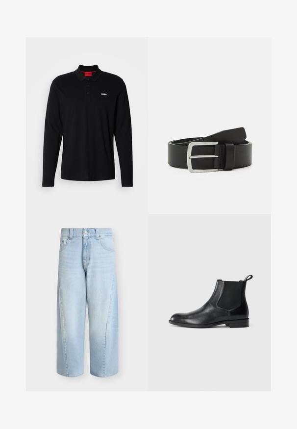 Camisa polo negra de manga larga hecha de algodón, con un cuello rojo y una tapeta de tres botones, y un logo blanco "HUGO" en el pecho.; Vaqueros de mezclilla azul claro de pierna ancha con bolsillos delanteros, trabillas para cinturón, cierre de botones y longitud recortada.; Botín negro de cuero hasta el tobillo con paneles elásticos a los lados, punta redondeada y lengüeta. Textura suave, suela plana, diseño minimalista.; Cinturón de cuero negro con una textura suave, hebilla de metal plateado y un solo lazo para ajuste. Presenta un diseño limpio y clásico.