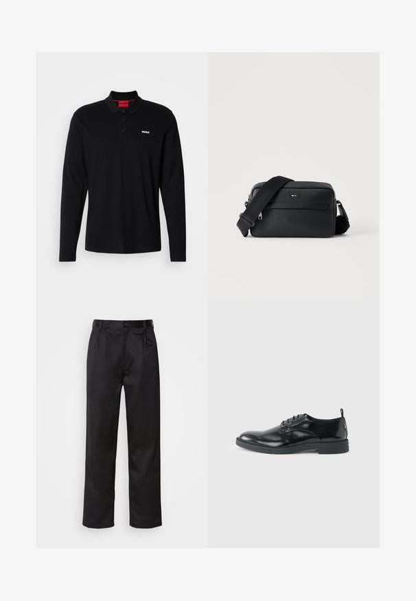 Camisa polo negra de manga larga hecha de algodón, con un cuello rojo y una tapeta de tres botones, y un logo blanco "HUGO" en el pecho.; Pantalones negros de tela suave, con cierre delantero de botón, pliegues y patas rectas. Sin patrones ni acentos visibles.; Zapato de vestir negro de cuero brillante con tacón bajo, cierre de cordones y puntera redonda, mostrado de lado sobre un fondo claro y liso.; Bolso bandolera negro de cuero texturizado con bolsillo frontal con cremallera y correa de hombro ancha de tela ajustable sobre fondo blanco.
