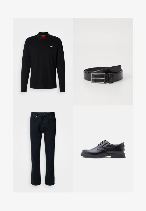 Zwarte lange mouwen polo shirt van katoen, met een rode kraag en een drieknoopsluiting, voorzien van een wit "HUGO" logo op de borst.; HUGO JONAH - Straight leg jeans - dark blue; Zwarte leren veter schoenen met een gladde textuur, ronde neus en subtiel stiksel detail. Voorzien van een rode trekband op de hiel.; Zwarte leren riem met een gladde textuur, voorzien van een zilveren rechthoekige gesp en dubbele spijpdetail. Tijdloos en veelzijdig ontwerp.
