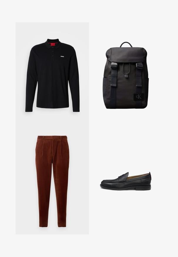 Sort langærmet polo skjorte lavet af bomuld, med en rød krave og tre-knap lukning, samt et hvidt "HUGO" logo på brystet.; Brune corduroy bukser med lige pasform, featuring frontfolder, to sidelommer og en glat tekstur. Velegnet til afslappet brug.; Sorte loafers i læder med glat finish, rundet tå, dekorativ syning og lav hæl. Har en diskret logo på hælen.; Sort Calvin Klein-rygsæk med flaplukning, to forreste remme med spænder, sidelommer og et topgreb.
