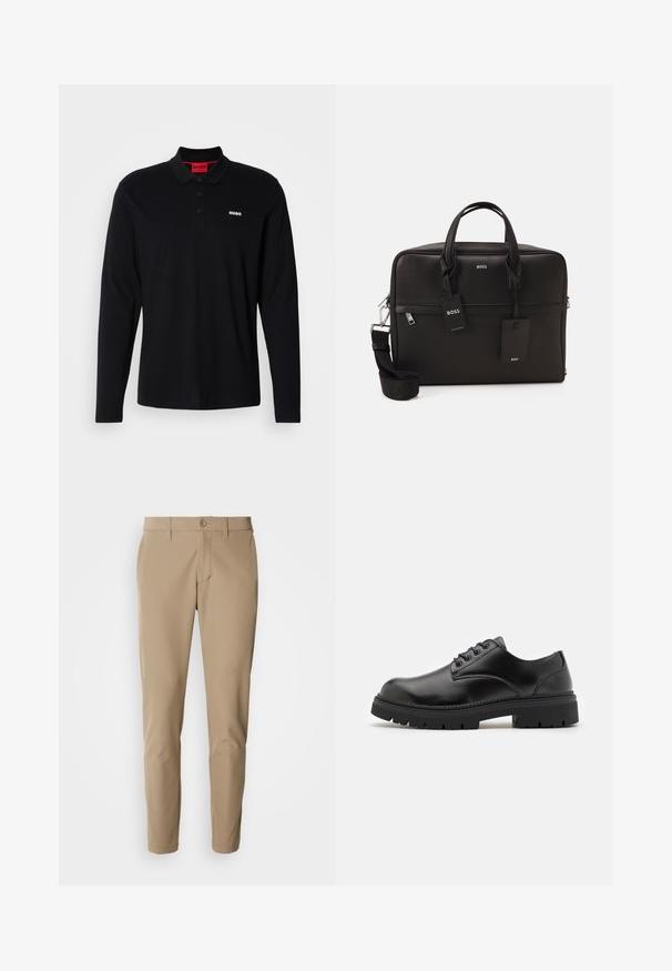 Polo-shirt noir à manches longues en coton, avec un col rouge et une patte de boutonnage à trois boutons, arborant un logo "HUGO" blanc sur la poitrine.; Pantalons beiges en tissu lisse avec une coupe droite, dotés d'une fermeture à bouton et de poches avant, accompagnés de passants de ceinture.; Chaussures en cuir noir avec un bout rond, un laçage et une semelle en caoutchouc épaisse et texturée. Présente des coutures le long du bord et une finition lisse.; Sacoche noire pour ordinateur portable avec une surface texturée, double poignées, sangle amovible et quincaillerie en métal. Comprend deux étiquettes et un design structuré.