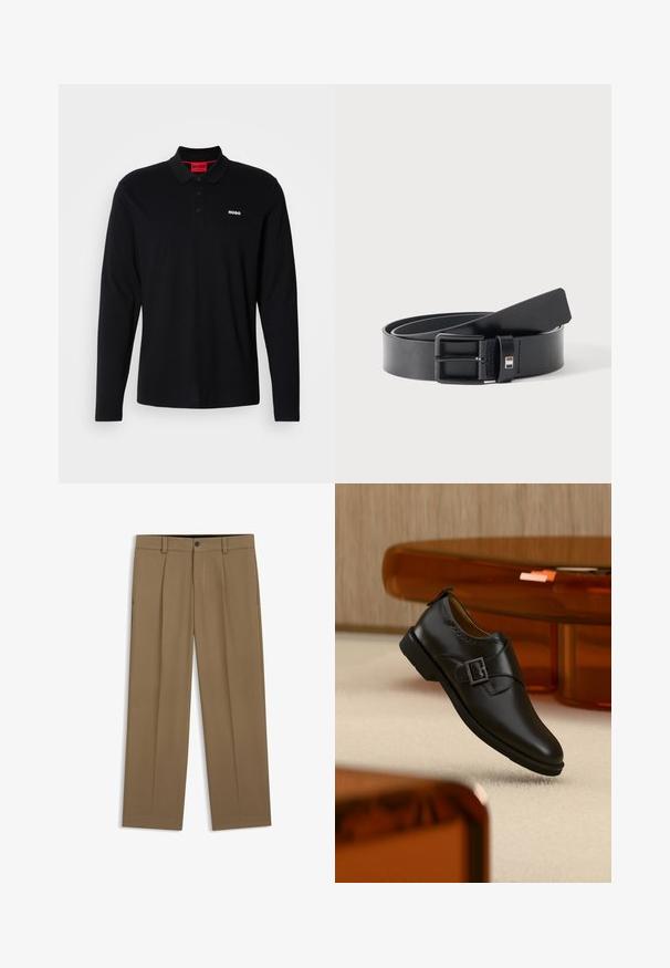 Schwarzes Longsleeve-Polohemd aus Baumwolle mit rotem Kragen und Drei-Knopf-Leiste, ausgestattet mit einem weißen "HUGO"-Logo auf der Brust.; Braune gerade geschnittene Hose mit Gürtelschlaufen, Vorderknopf und Reißverschluss, flach auf weißem Hintergrund dargestellt.; Schwarzer Leder-Monkstrap-Schuh mit silberner Schnalle, schwebend über einem beigen Teppich mit braunen, transparenten Möbeln im Hintergrund.; Schwarzer Ledergürtel mit matter schwarzer Metallschnalle, leicht gerollt mit Gürtelende auf einer weißen Oberfläche liegend.