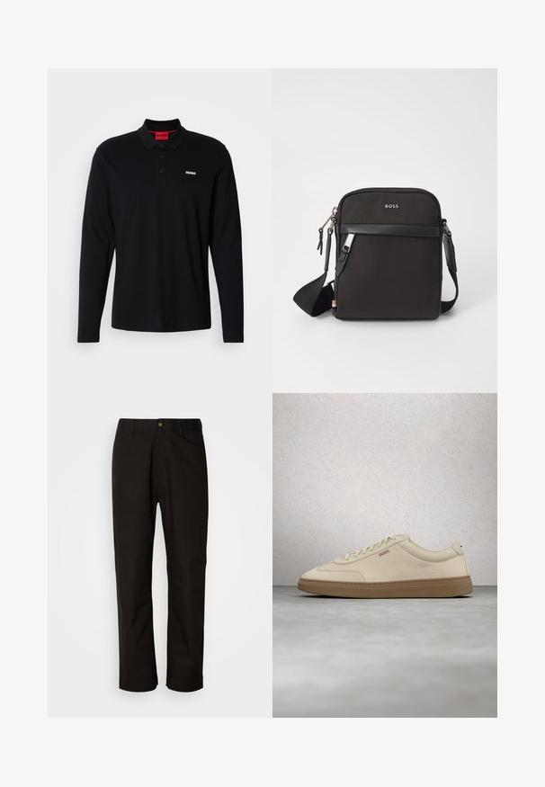 Camisa polo negra de manga larga hecha de algodón, con un cuello rojo y una tapeta de tres botones, y un logo blanco "HUGO" en el pecho.; Pantalones de algodón negros con corte recto, presillas para el cinturón, cremallera frontal y un solo botón de cierre. Textura suave sin patrones visibles.; Zapatilla de ante beige claro con suela de goma color caramelo, cordones prominentes y detalles de costura sutiles. Diseño limpio con una estética minimalista.; Bolso bandolero negro con un tejido texturizado, logo en la parte frontal, cierre de cremallera y correa ajustable. Presenta un ribete de cuero suave.