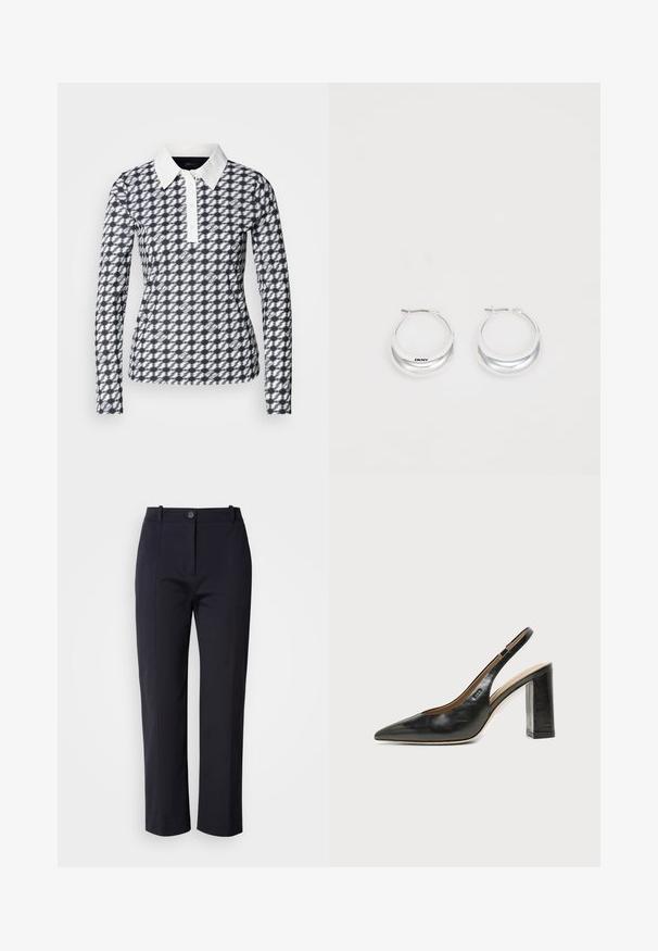 Polo à manches longues avec un motif pied-de-poule en bleu marine et blanc. Il est doté d'un col blanc et d'une patte de boutonnage, fabriqué dans un tissu lisse.; Pantalons bleu marine à jambe droite, confectionnés dans un tissu lisse. Comprend des poches avant et une fermeture à bouton à la taille.; Chaussure slingback en cuir noir à bout pointu avec un talon bloc haut et une doublure intérieure beige sur un fond clair uni.; Boucles d'oreilles en argent avec une finition polie et un branding DKNY, présentées sur un fond blanc uni.