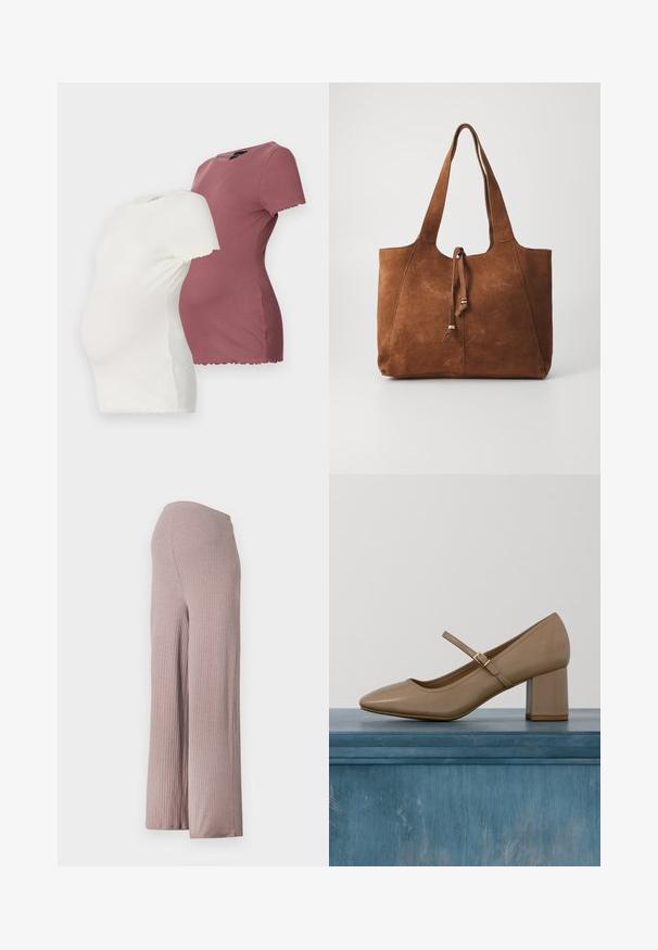 Deux t-shirts de maternité en blanc et bordeaux, dotés de manches courtes, d'un col rond et de détails en ourlet festonné.; Pantalons larges en côtes rose clair avec une texture lisse et une taille élastique, présentant une silhouette évasée et un tombé doux.; Escarpin en cuir beige à talon bloc avec bout arrondi et une bride décorative avec une boucle dorée. Texture lisse, design minimaliste.; Sac fourre-tout en daim marron avec deux longues poignées, fermeture à cordon et texture lisse. Présente un design simple et des accents minimaux.