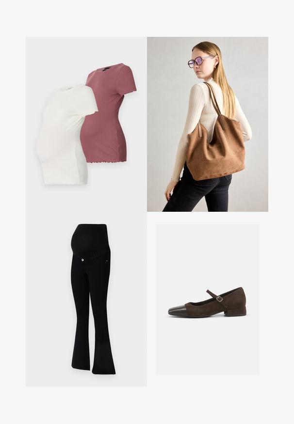 Deux t-shirts de maternité en blanc et bordeaux, dotés de manches courtes, d'un col rond et de détails en ourlet festonné.; Jeans de maternité noirs avec un design à jambes évasées, en tissu doux, une taille haute pour un bon maintien et une fermeture à bouton à l'avant.; Chaussure Mary Jane en daim marron avec un embout en cuir verni noir, bride ajustable et un petit talon carré. Texture lisse avec de minimalistes accents.; Sac fourre-tout en daim marron avec une texture douce, grande ouverture et longues sangles. Présente un design simple avec des coutures visibles et sans matériel.