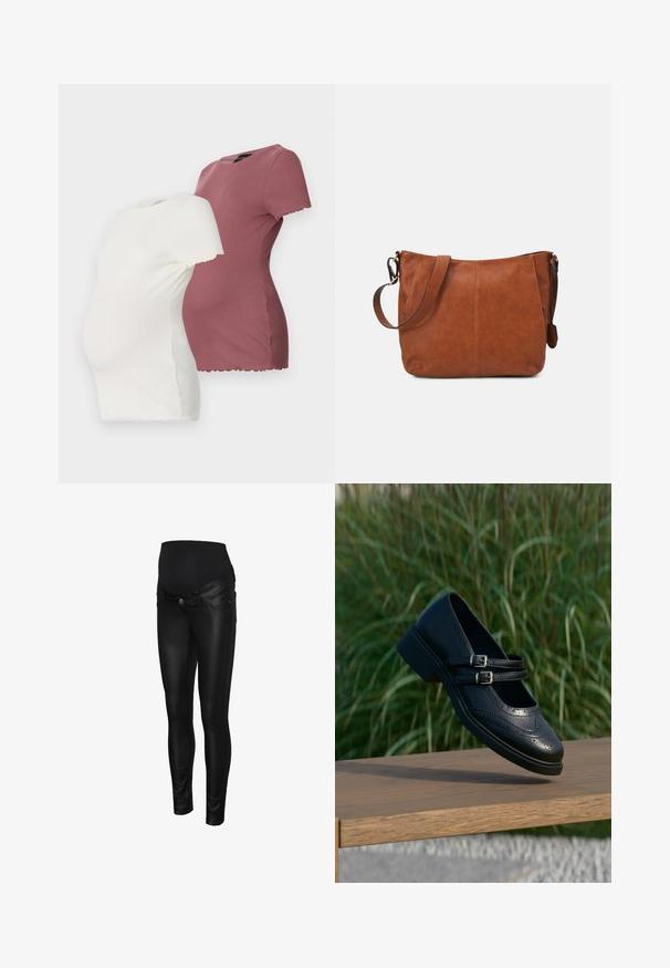 Deux t-shirts de maternité en blanc et bordeaux, dotés de manches courtes, d'un col rond et de détails en ourlet festonné.; Jean de maternité en simili cuir noir avec une ceinture lisse, une coupe slim et des détails de couture subtils sur les côtés.; Chaussure Mary Jane en cuir noir avec doubles brides bouclées et détails brogue, flottant au-dessus d'un banc en bois avec en arrière-plan de l'herbe verte.; Sacoche en cuir brun avec une forme incurvée, une sangle ajustable et des détails de couture minimaux, offrant un intérieur spacieux.