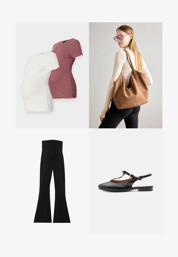 Deux t-shirts de maternité en blanc et bordeaux, dotés de manches courtes, d'un col rond et de détails en ourlet festonné.; Pantalons évasés noirs avec une taille haute, fabriqués en tissu extensible. Présentent une texture lisse et un design simple et minimaliste.; Chaussure plate slingback en cuir noir avec bride en T et boucle dorée sur fond neutre.; Sac fourre-tout en daim marron avec une texture douce, grande ouverture et longues sangles. Présente un design simple avec des coutures visibles et sans matériel.