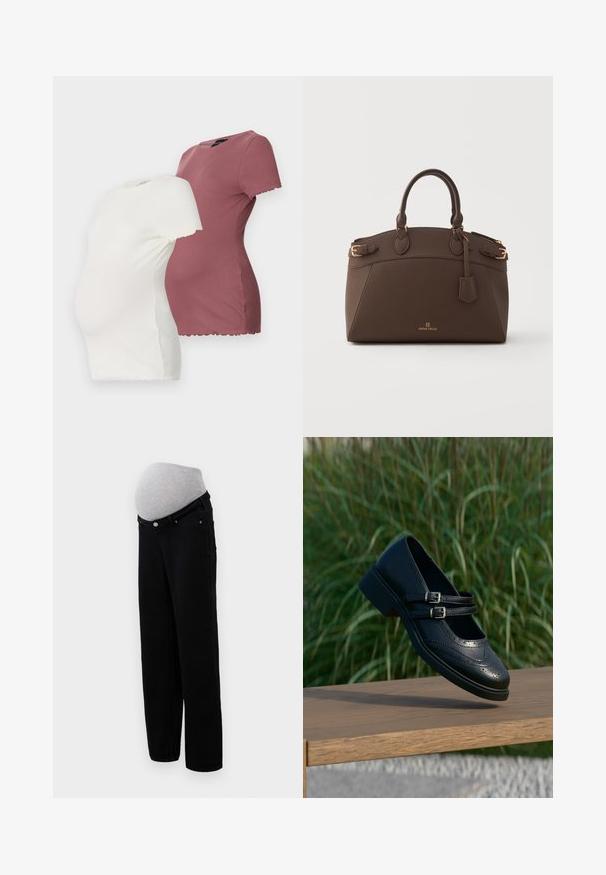 Deux t-shirts de maternité en blanc et bordeaux, dotés de manches courtes, d'un col rond et de détails en ourlet festonné.; Un jean de maternité en denim noir avec un panneau en jersey gris doux pour le soutien du ventre, une coupe droite et un style classique à cinq poches.; Chaussure Mary Jane en cuir noir avec doubles brides bouclées et détails brogue, flottant au-dessus d'un banc en bois avec en arrière-plan de l'herbe verte.; Sac à main en cuir marron foncé avec doubles poignées, boucles dorées, une étiquette suspendue et le logo "Anna Field" au centre avant.