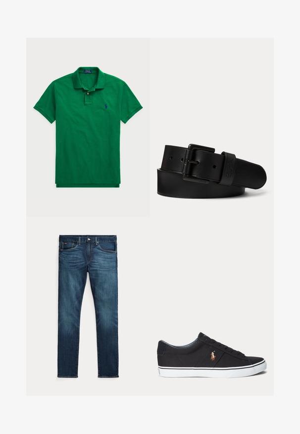 Zelená polo košeľa vyrobená z bavlny, s klasickým golierom, gombíkovou légou, krátkymi rukávmi a modrou vyšitou nášivkou na hrudi.; Tmavomodré slim-fit rifle s predným gombíkom a zipsom, piatimi vreckami a jemným blednutím na predných stehnách a kolenách.; Čierna nízka teniska s bielou podrážkou a vyšitým logom hráča póla na boku, s šnurovaním a textúrovaným vrchným materiálom.; Čierny kožený opasok s čiernou obdĺžnikovou prackou a vyrazeným logom na slučke opaska, zvitý na jednoliatom svetlom pozadí.