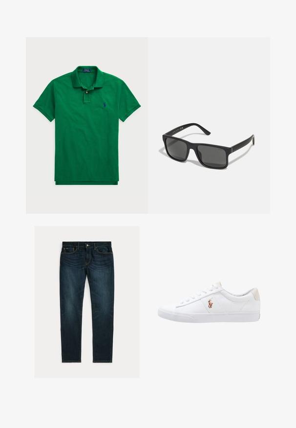 Roheline polo särgid, mis on valmistatud puuvillast, klassikalise krae, nööbivarruga, lühikeste varrukatega ja sinise tikandiga logo rinnal.; Tumesinised kitsad teksad nõrga pleekimise ja viie tasku disainiga, asetatud tasaselt valgele taustale.; Valge kanvasest tennis, madala lõikega disain, millel on beež kontsapink ja väike tikitud logo küljel. Kummi välissole.; Mustad mustakas prillid tumedate läätsedega ja mati viimistlusega. Omavad sissekujundatud "POLO" logo kätel ja tugevat raamidisaini.